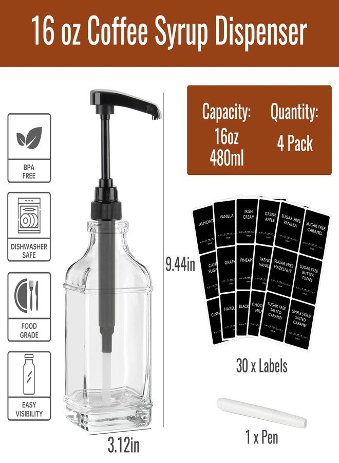 STARSIDE 16 oz Coffee Syrup Dispenser,4 pcs Clear Glass Syrup Bottle with 1/4oz Capacity Pump,Syrup Dispenser for Coffee Bar with Plastic Pump and Syrup Labels - Image 2